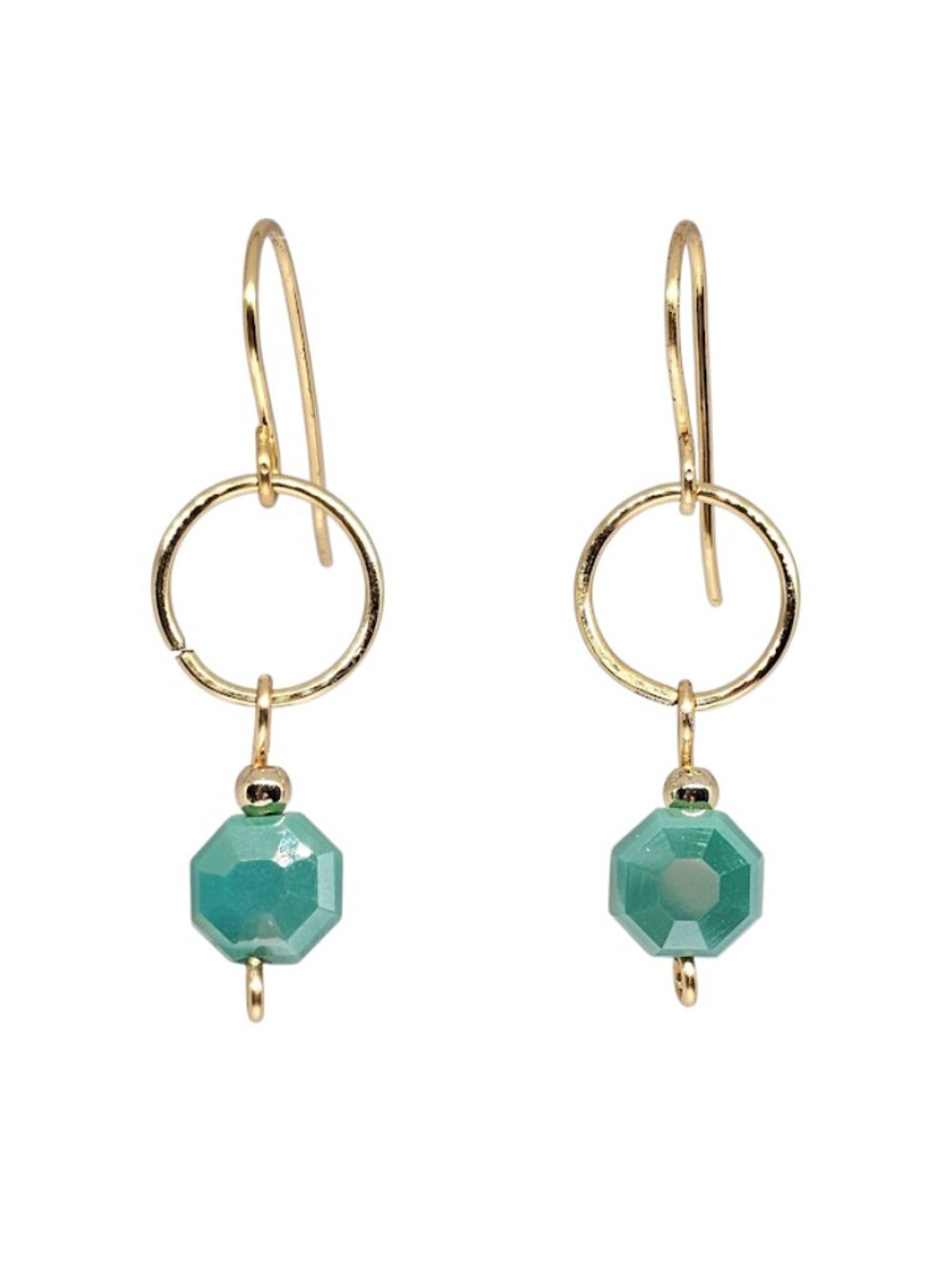 Handmade Green Crystal Beaded Gold Hoop Dangle Earrings Boho Minimalist